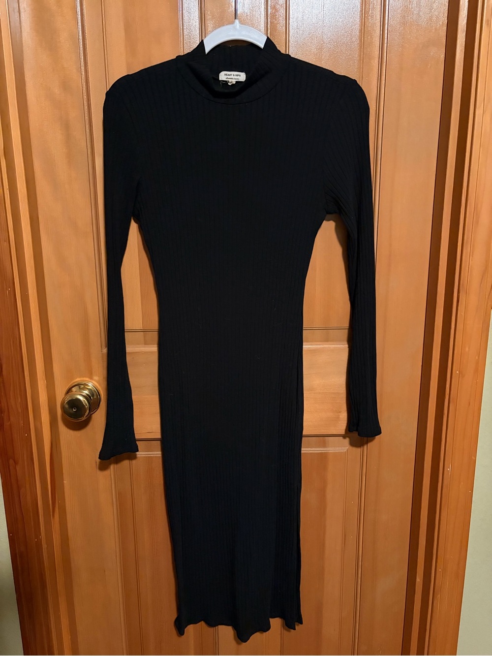 Black Ribbed Long Sleeve Midi Dress with small slit